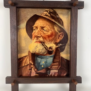 Vintage framed portrait art print of pipe-smoking fisherman, mid century wall art 1970s, Original by Harry Haerendel afbeelding 2