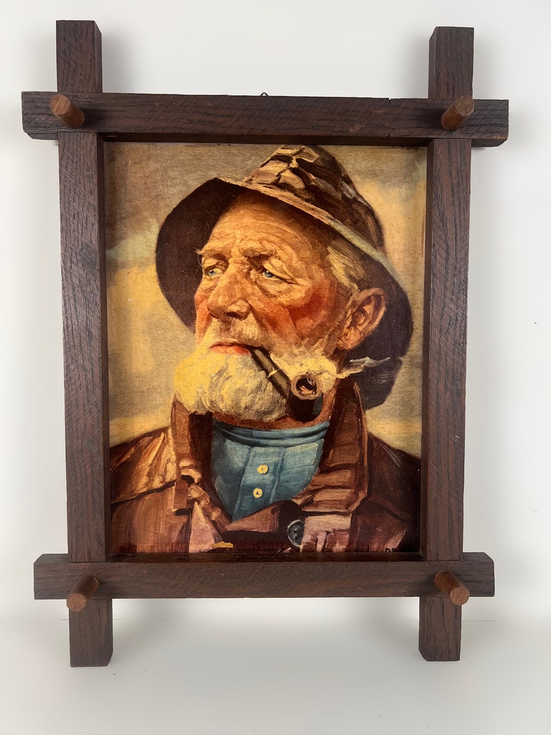 Vintage framed portrait art print of pipe-smoking fisherman, mid century wall art 1970s, Original by Harry Haerendel afbeelding 2