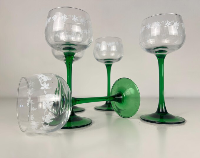 Set of 4, 5 or 6 green long stemmed decorated white wine glasses, Alsace wine glasses, Roemer glasses, French vintage from the 2000s