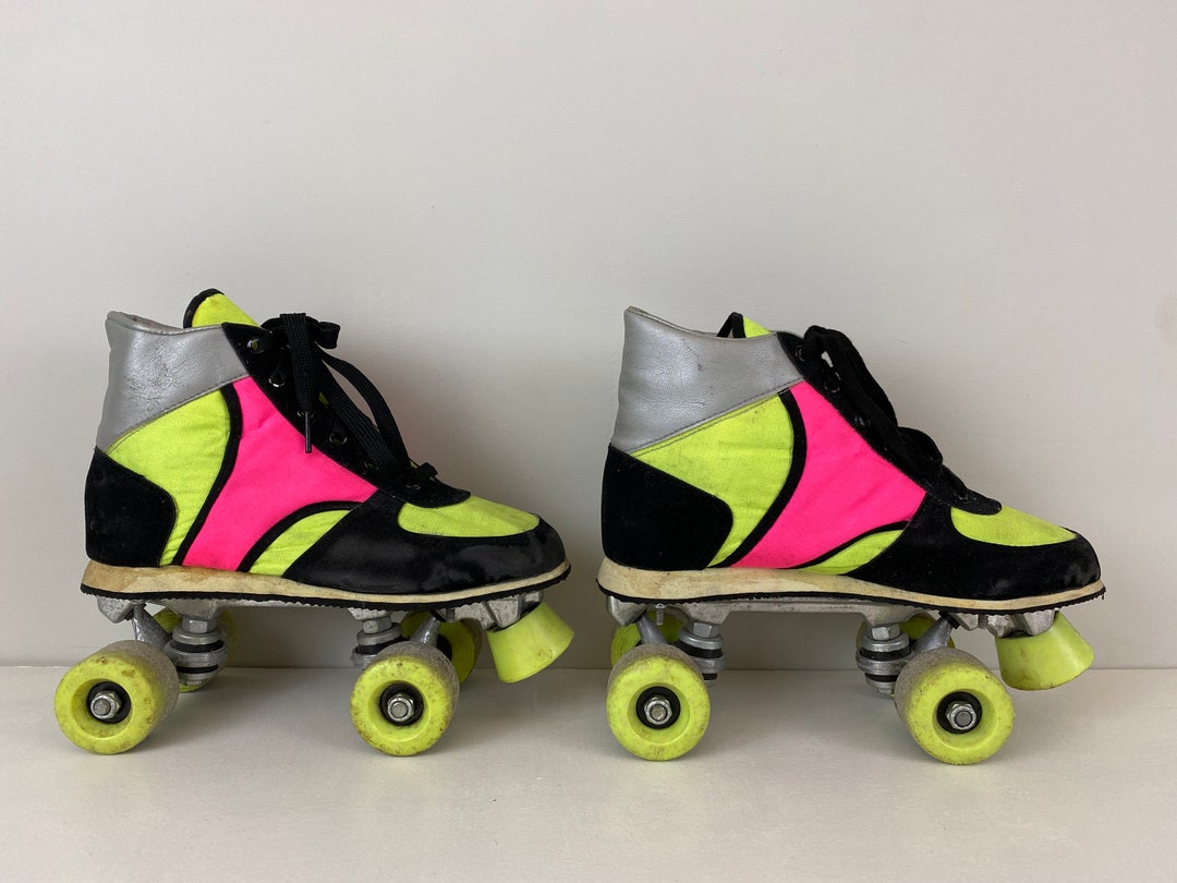 Vintage 80s Retro Roller Skates Black, Neon Yellow, Silver