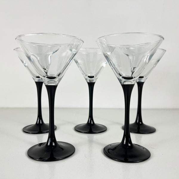 Luminarc Domino Martini, cocktail glasses with black stem, Set of 2, 3 or 4 made in France, Mid century modern barware from the 1970’s