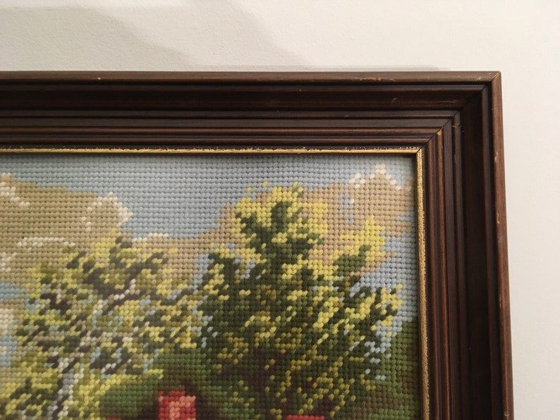 romantic landscape with windmill Framed cross stitched retro embroidery painting mid century sailboat and farm