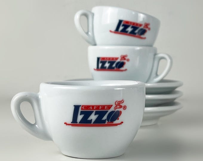 Set of 3 low espresso cups with saucers, vintage, bar quality porcelain espresso cups, advertising "Caffè Izzo"