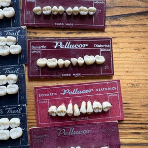 May include: A collection of vintage dental prosthetic teeth mounted on rectangular maroon and black cardboard display cards. Each card features the text Bonartic Pellucor Diatorics and Swiss Made, with rows of off-white artificial teeth attached.