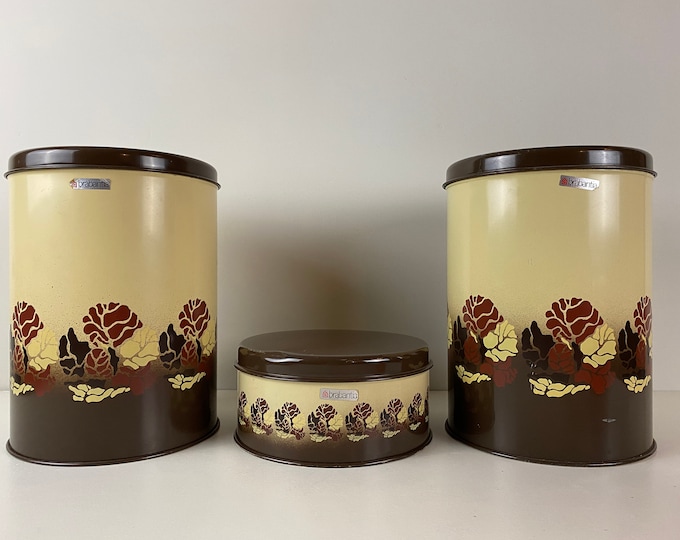 Brabantia Storage containers, flowery design retro round beige brown stock tins, larger and smaller, vintage kitchenware from the 1970's