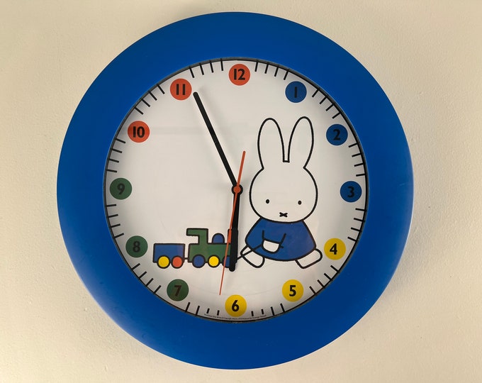 Large vintage Miffy Wall Clock, Miffy wall clock, Dick Bruna blue wall clock, Quartz round clock, Made in Holland from 1979