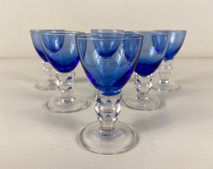 Set of 6 shot glasses, ribbed stem delicate blue chalice, 1970's mid century modern barware