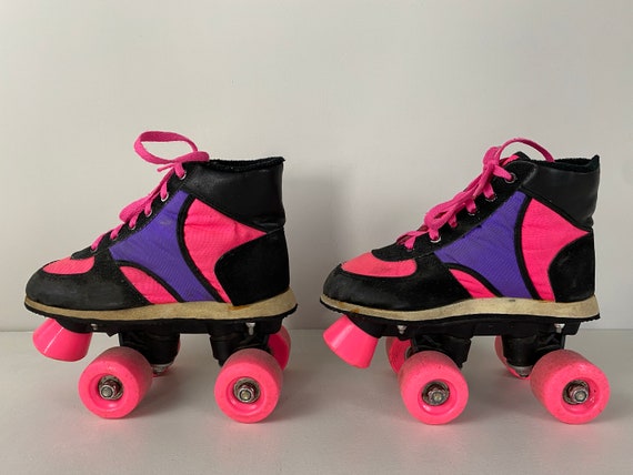 Vintage 80s Children's Roller Skates in Black and Neon Pink and