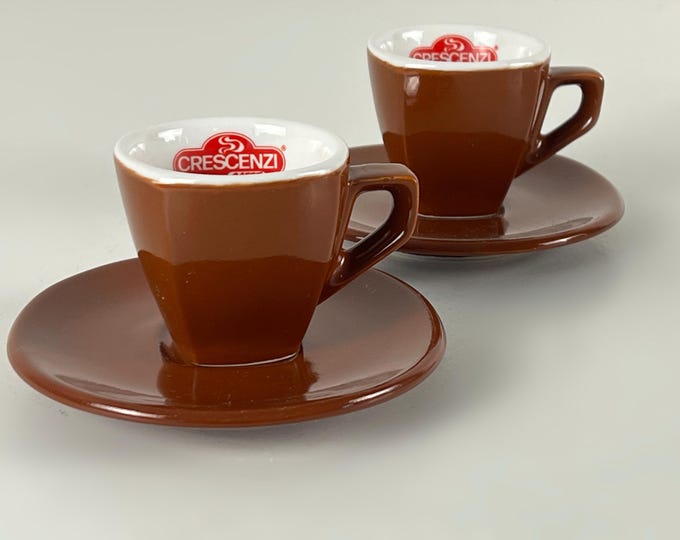 Set of 2 or 4 attractive vintage classic brown and white bar quality porcelain espresso cups, Crescenzi Caffè logo, ACF Italy