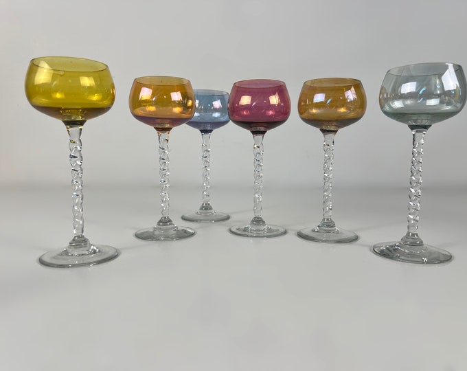 Set of 6 delicate colorful iridescent dessert wine glasses on a twisted stem, France 1950s