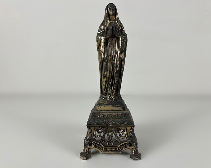 Vintage metal Virgin Mary figurine, Madonna figurine statue, religious table top ornament early 1900s