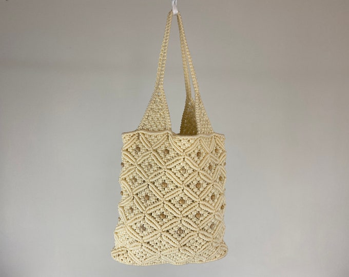 Hand crocheted bag with cream colored beads, beautiful mid century design from the 1950's