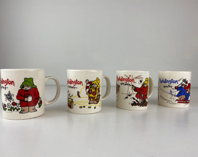 Paddington Bear set of 4 coffee or tea mugs, the 4 seasons, Vintage from the 90s, Douwe Egberts, Staffordshire, KilnCraft England tableware