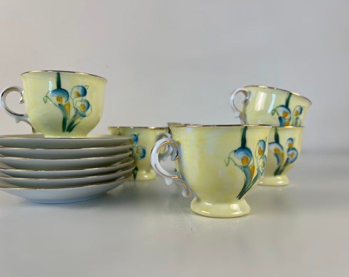 Set of 6 beautiful vintage hand painted porcelain coffee cups or tea cups, yellow with flower decor, Made in France