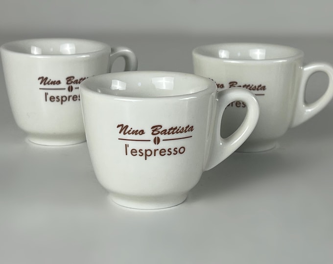 Set of 3 espresso cups, nice vintage, bar quality porcelain espresso cups, advertising "Nino Battista l'espresso" made in Italy 1990s