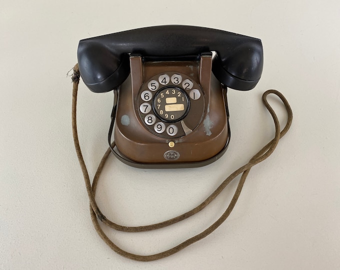 Vintage phone RTT 56 A, copper and bakelite phone, rotary dial phone, by Atea, Belgian phone factory from the 1950s