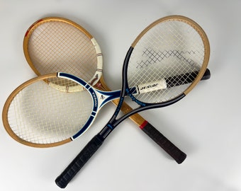 Set of 3 wood framed tennis rackets, vintage display sports decor from the 1970s