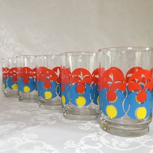 Set of 5 vintage lemonade glasses, juice glasses, water glasses with print in cheerful colors, beautiful barware from the 1990s