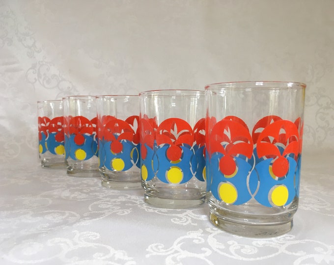 Set of 5 vintage lemonade glasses, juice glasses, water glasses with print in cheerful colors, beautiful barware from the 1990s