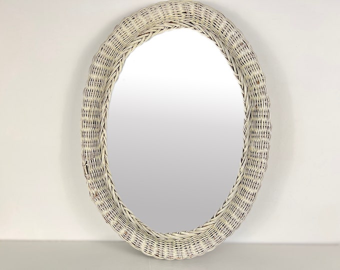 Vintage oval wall mirror with a white braided wicker / rattan frame | Mid century modern rattan wall mirror 1970s style