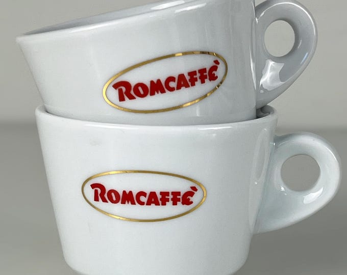 Set of 2 coffee or cappuccino cups in heavy bar quality porcelain, advertising Romcaffè manufactured in Italy, 2000s