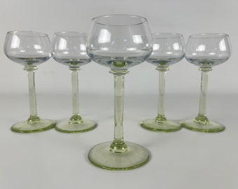 Set of 5 small light green stem, white wine glasses, Alsace wine glasses, roemer glasses, dessert wine glasses, French Vintage  1960s