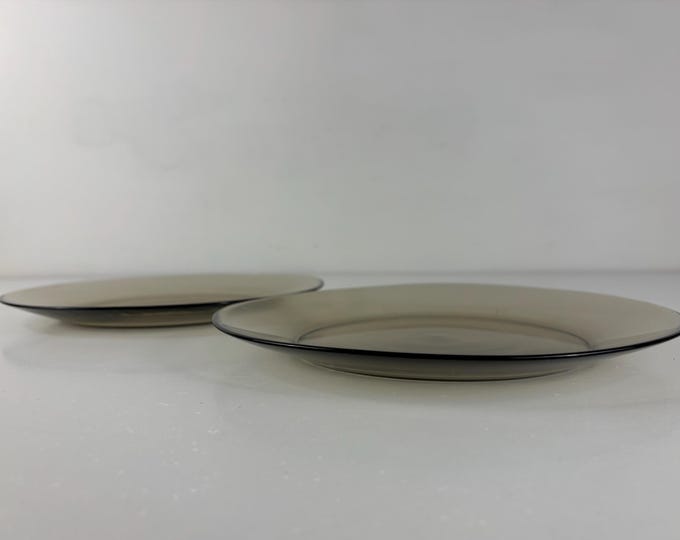 SET OF 2 Arcoroc France, smoked glass dinner plates tempered glass dinner plates, mid century modern dinnerware from the 1970s
