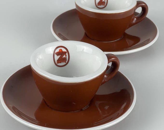Set of 2 vintage classic Italian espresso cups and saucers in classic brown and white advertising Zi Caffe, 1970s