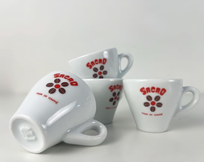 Set of 4 espresso cups, nice vintage, bar quality porcelain espresso cups, advertising "Sacao, fior di caffè" made in Italy by IPA, 2000s