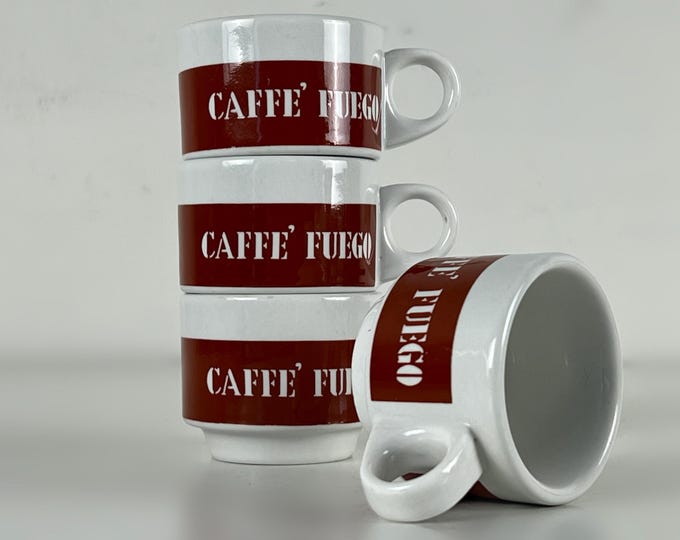 Set of 3 or 4 vintage bar quality espresso cups advertising caffè Fuego, made ACF Italy, retro design from the 1970s