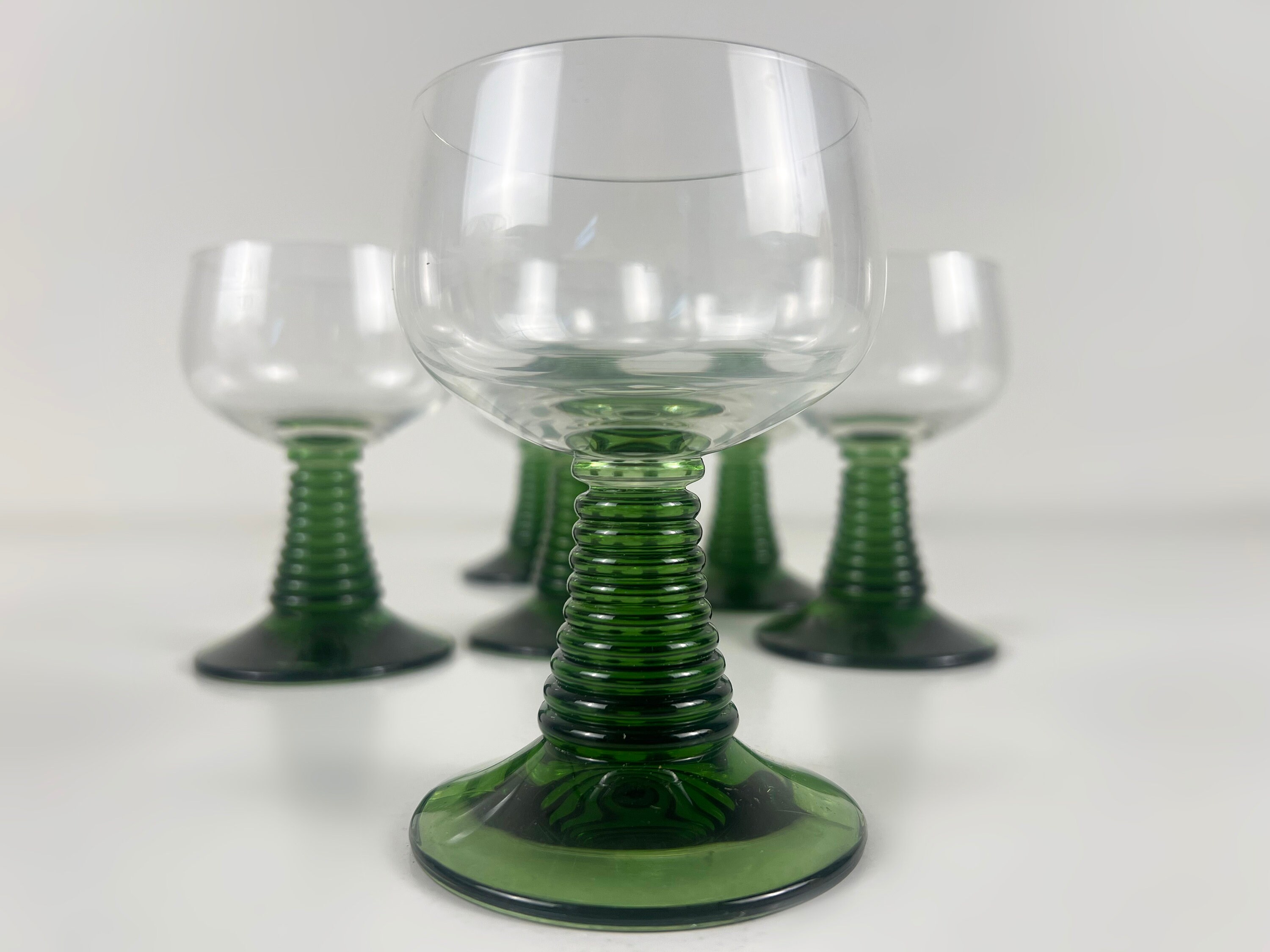 Wine Glasses Green Ribbed Stem - Nurnberg Germany