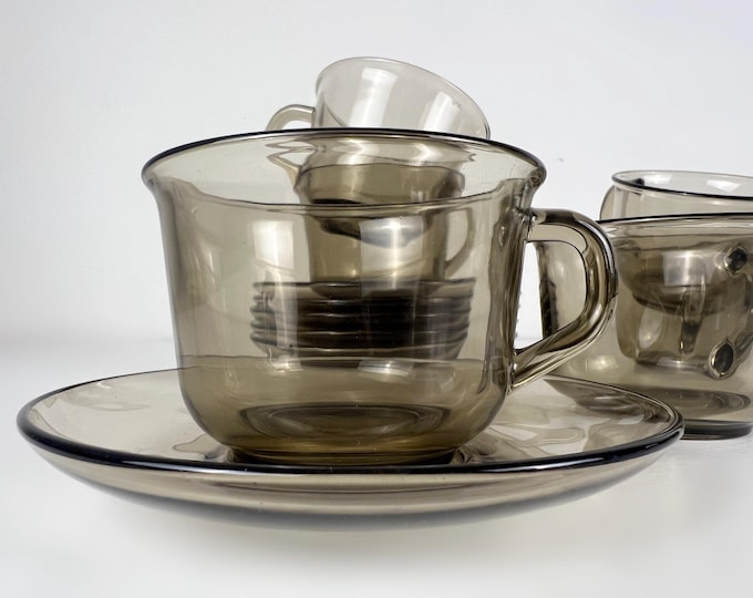 Set of 6 large smoke glass coffee cups with saucers, Arcoroc France, lovely mid century design from the 1970's