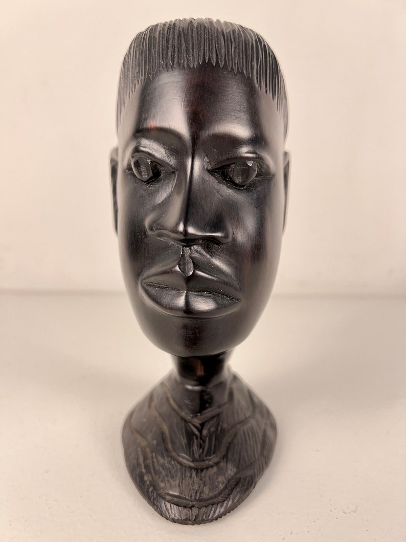 Vintage carved African heads, pair of 2 men, ebony wood from the 1970s afbeelding 6