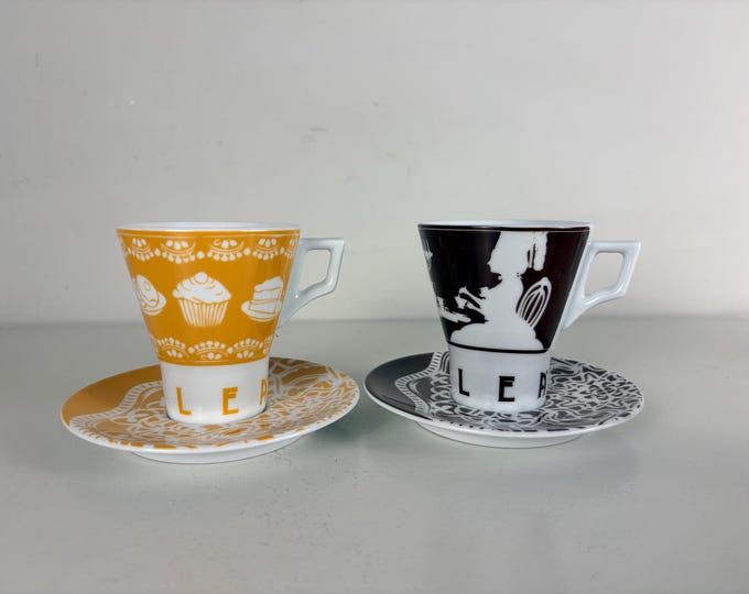 Sets of 2 hot chocolate cups of with matching saucers, bar quality porcelain from Eraclea Italy manufactured by Apulum Romania, 2000s