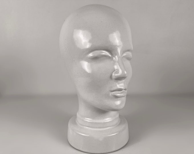 White ceramic mannequin head, display head, headphone display head, Scheurich W Germany, mid century modern design