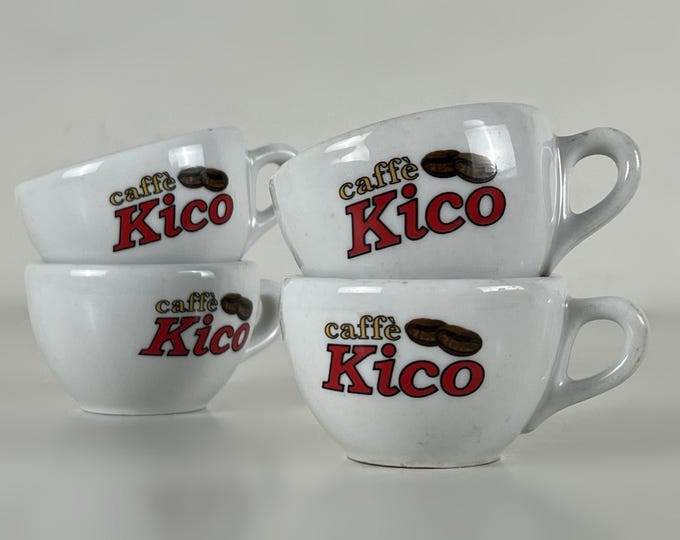 Set of 4 espresso cups, vintage, bar quality porcelain espresso cups, advertising "Caffè Kico" manufactured IPA Italy. From the 1980s