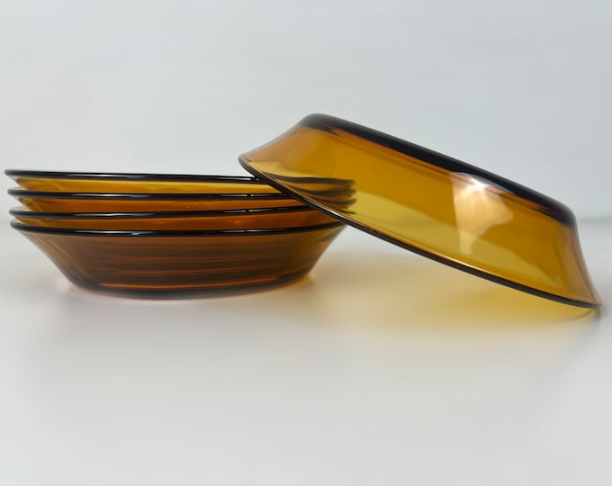 Set of 5 Duralex amber glass soup plates, deep plates, Duralex France retro, vintage tableware from the 1970s
