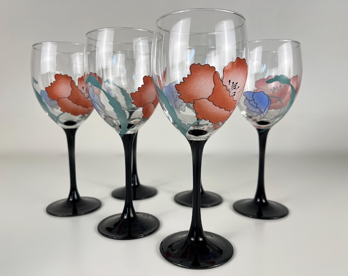 Set of 6 rare Luminarc red wine glasses, black stem with a lovely flower decor, French Vintage from the 1980's