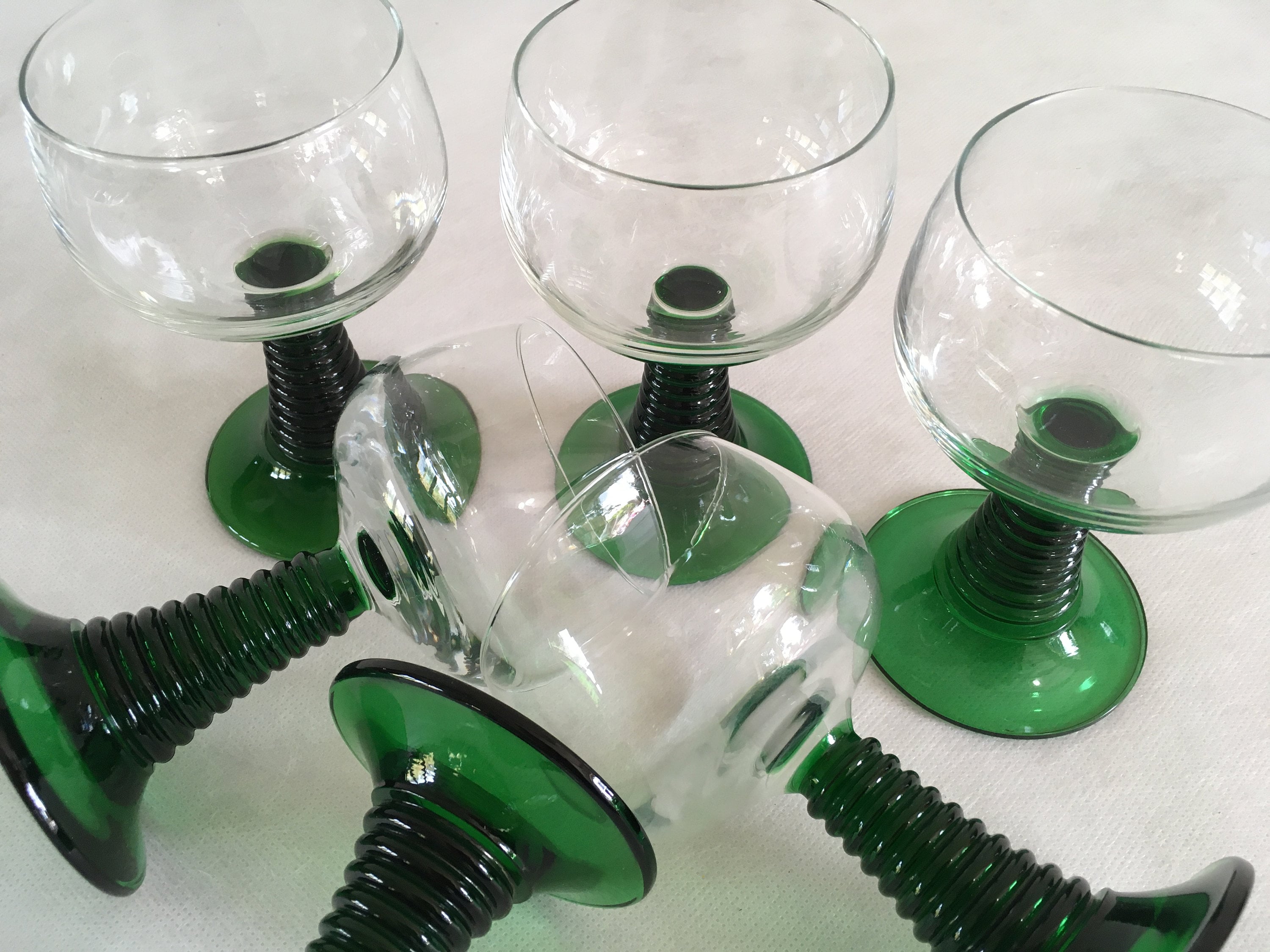 Wine Glasses Green Ribbed Stem - Nurnberg Germany