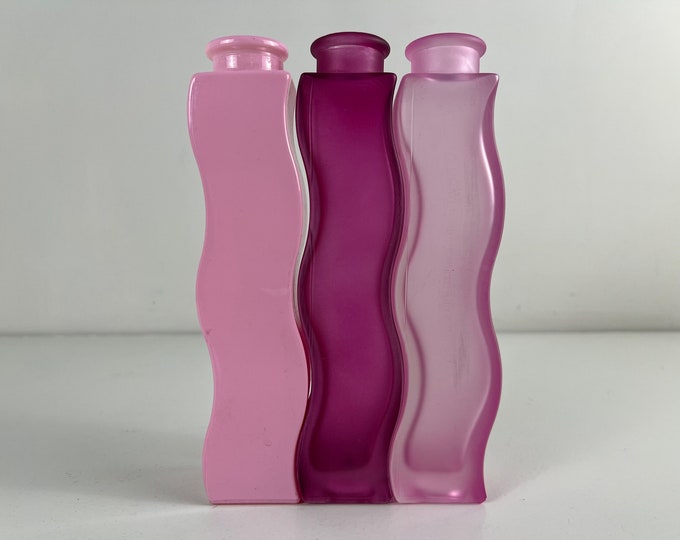 Set of 3 IKEA Skämt wave vase, Ikea squiggle glass vases in pink tones, a great vintage IKEA design from the 1990's