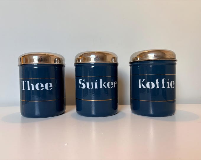Dutch vintage enamel storage containers coffee, tea, sugar, coffee, tea, sugar, in blue, set of 3, Manufactured in the Netherlands 1950s