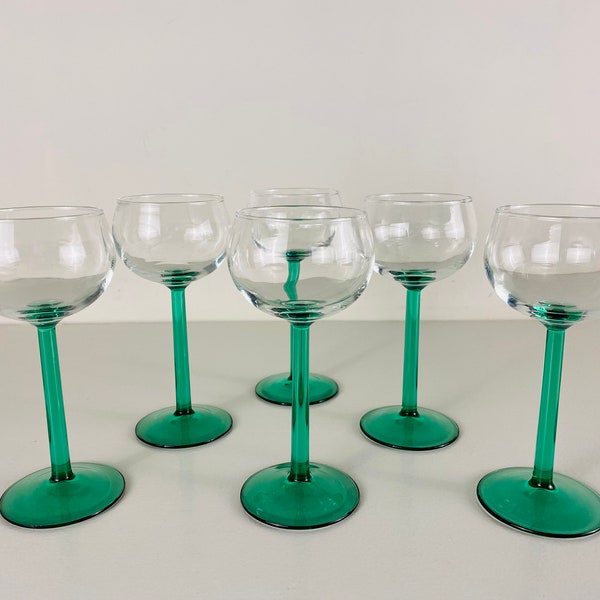 6 verres à vin blanc à pied vert océan, verres roder, verres à vin d'Alsace, beau vert turquoise, Français Vintage Luminarc années 1980