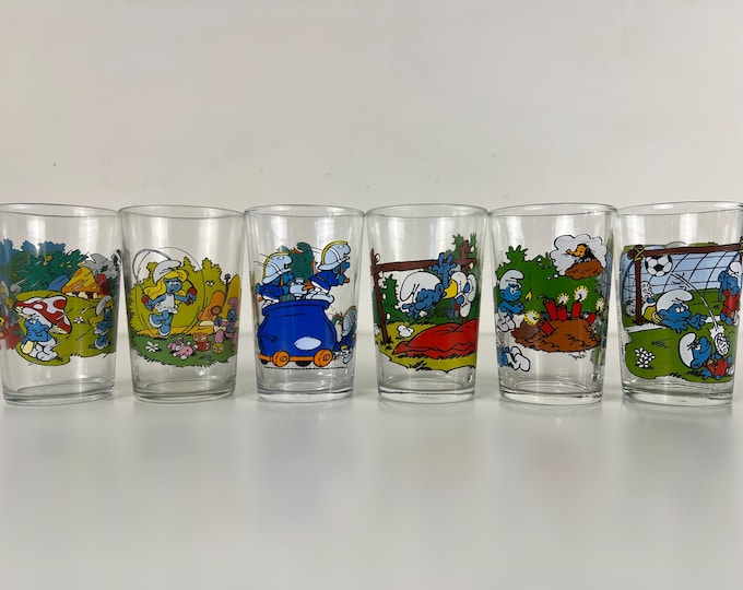 Set of 6 vintage Smurfs drinking glasses, PEYO, IMPS, Benedictin 1984-1994, French Belgian cartoon drinkware