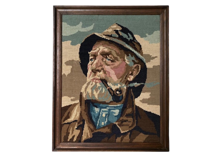 Vintage embroidery framed portrait of Dorus Rijkers, a pipe-smoking fisherman, mid century wall art 1970's, Original by Harry Haerendel