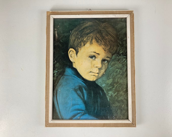 Vintage framed art print crying boy, gypsy boy, kitsch art, gypsy art, Giovanni Bragolin, 1970s wall art