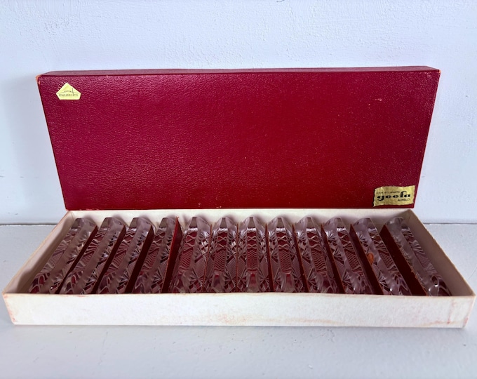 Vintage set of 12 crystal knife rests, chopstick rests, Art Deco, cased, from the Steinach Hütte, Made in Western Germany, 1950s