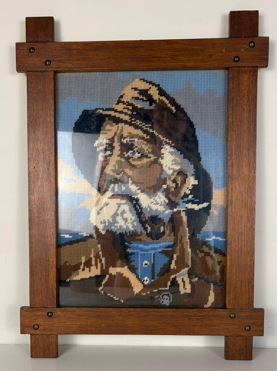 Vintage Embroidery Framed Portrait of Pipe-smoking Fisherman, Mid