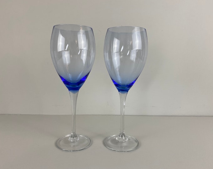 Set of 2 extra large vintage wine glasses, blue glass chalice, clear glass stem, delicate wine glasses, Mid century modern barware 1970’s