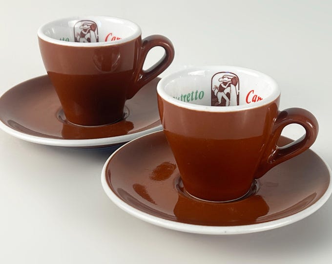Set of 2 Vintage classic Italian espresso cups and saucers in classic brown and white advertising Ristretto Campanini