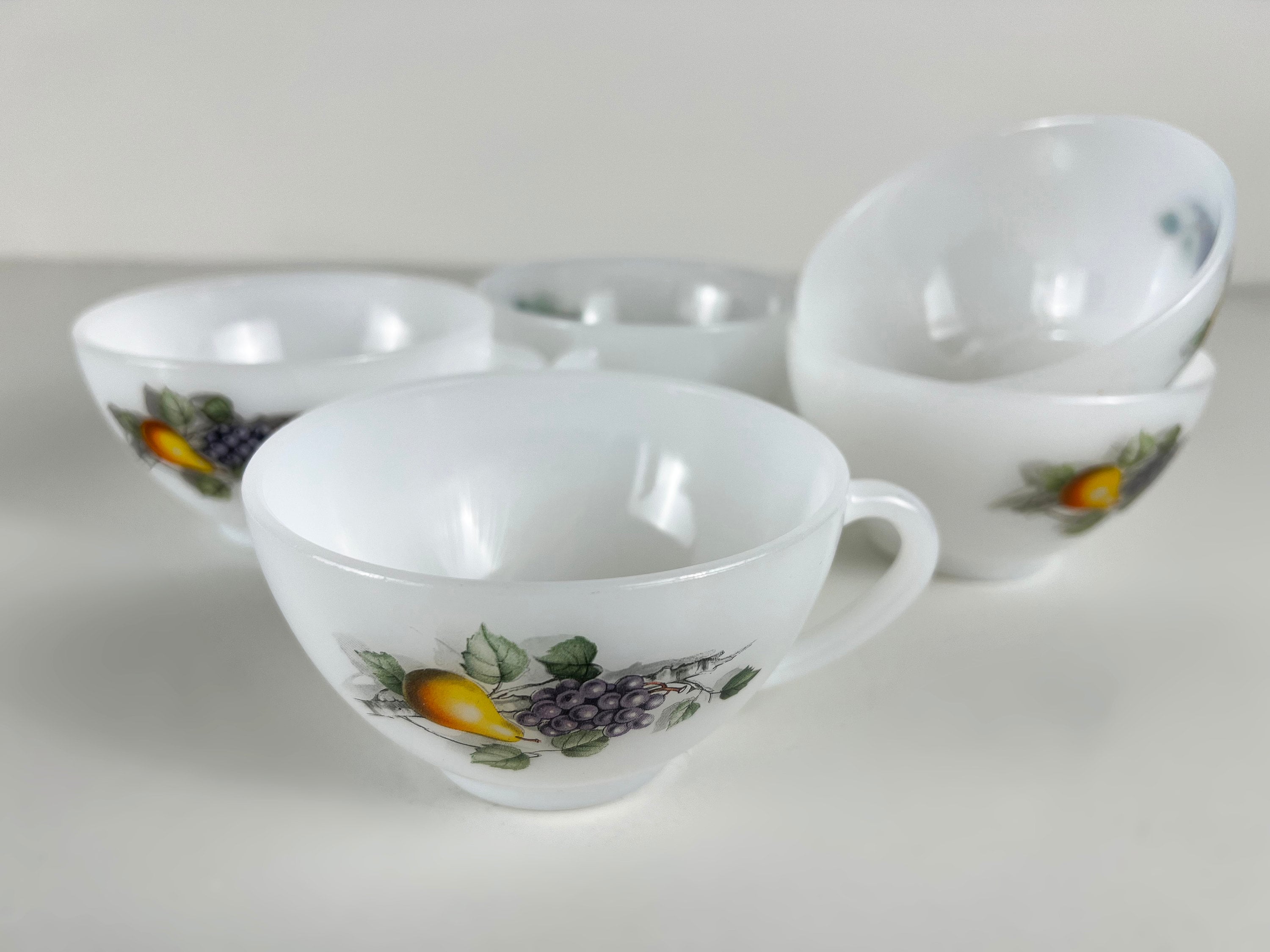 Set of 5 large Arcopal opal glass coffee or tea cups, Fruits de France